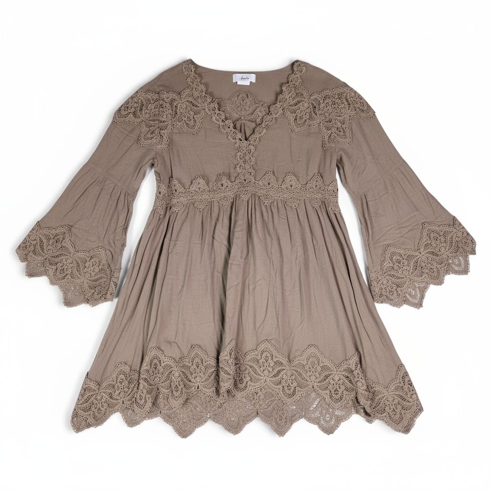 Angel Heart Boutique Mocha Tunic Top Rayon Boho Bell Sleeve Lace Crochet 2XL